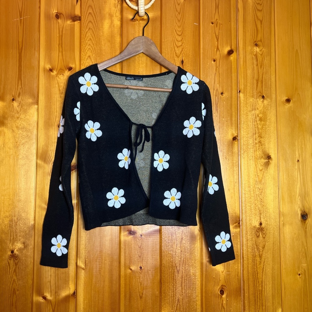 Daisy Black Cardigan with White Floral Accents
